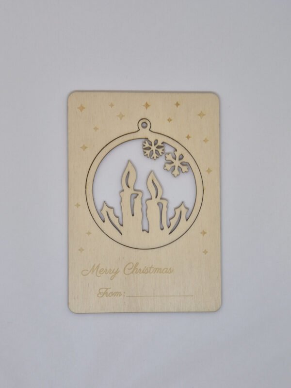 Handgemaakte houten kerstkaart met uitneembaar kerstornament kaars en natuurlijke houtnerf, inclusief envelop