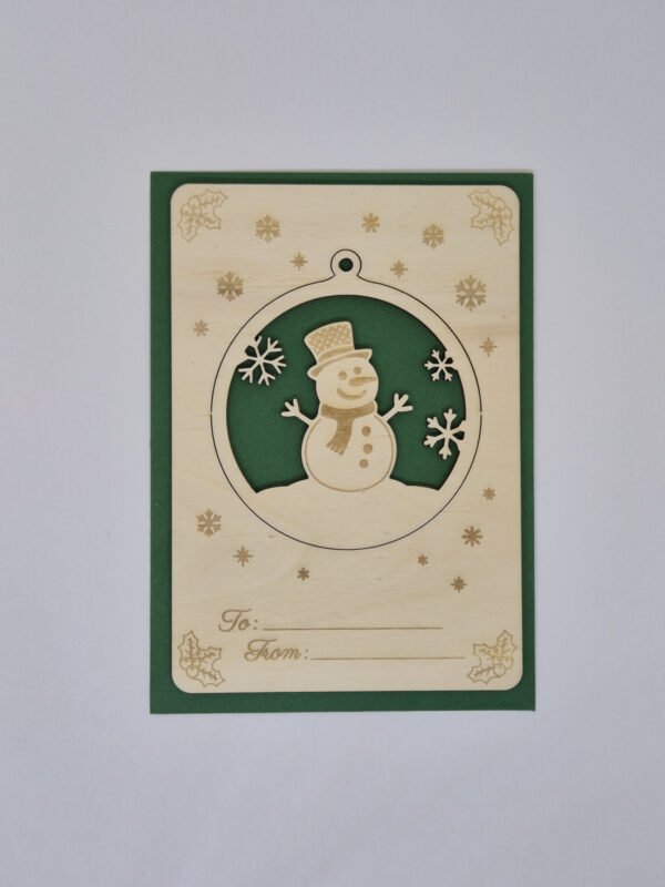 Houten kerstkaart met sneeuwpop– handgemaakte duurzame kerst ansichtkaart Kerstkaart Sneeuwpop