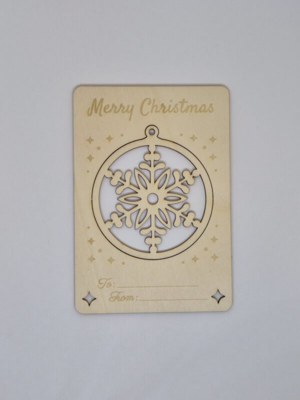 Handgemaakte houten kerstkaart met uitneembaar sneeuwvlok en natuurlijke houtnerf, inclusief envelop