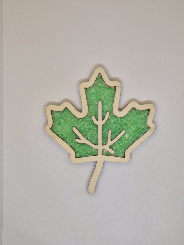 Sensorische vulvorm eikenblad– groene speelrijst Houten sensorische vulvorm in de vorm van een eikenblad gevuld met groene speelrijst, geschikt voor sensorisch spel en fijne motoriek.