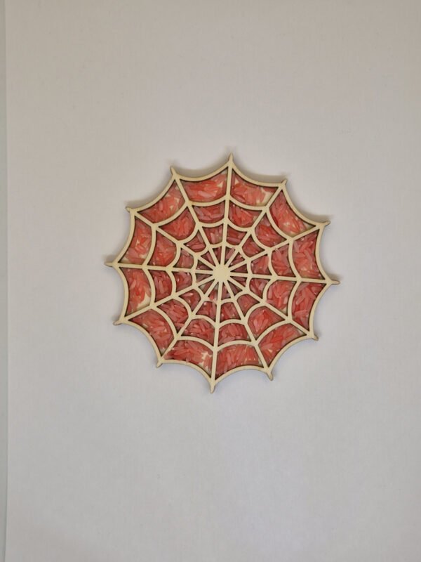 Houten sensorische vulvorm in de vorm van een spinnenweb gevuld met rode speelrijst, geschikt voor sensorisch spel en fijne motoriek.