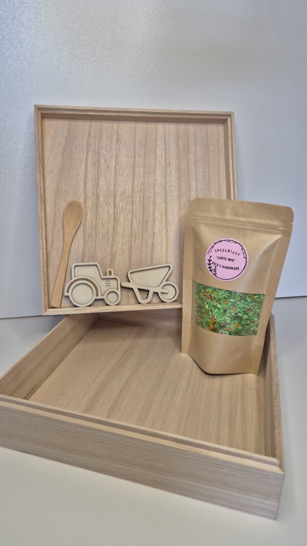 Complete sensorische speelset met houten speelbak en speelrijst – cadeau vanaf 3 jaar Sensorische speelset voor kinderen met houten speelbak, lepel, tractor en kruiwagen en zak speelrijst