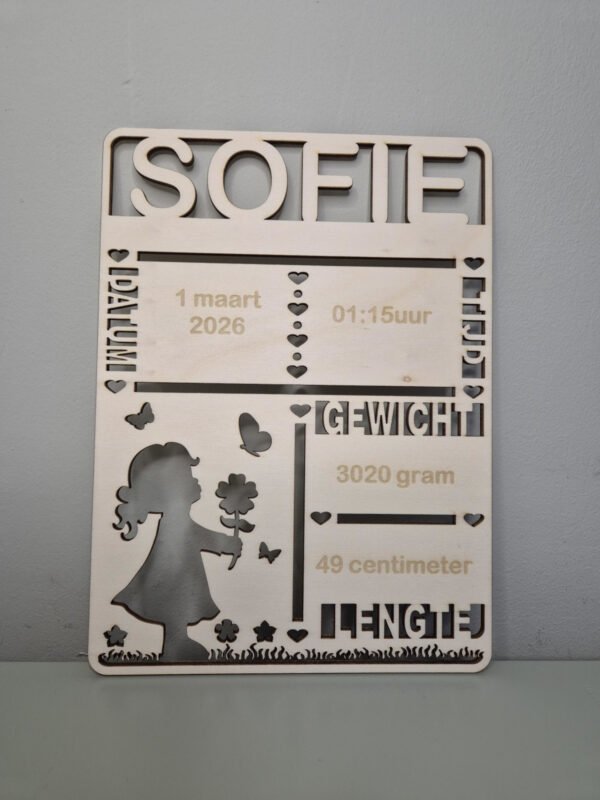 Gepersonaliseerd houten geboortebordje met naam en geboortegegevens voor babykamer