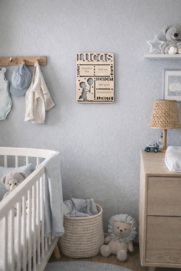 gepersonaliseerd-geboortebordje-hout-baby-naam Gepersonaliseerd houten geboortebordje met naam en geboortegegevens voor babykamer