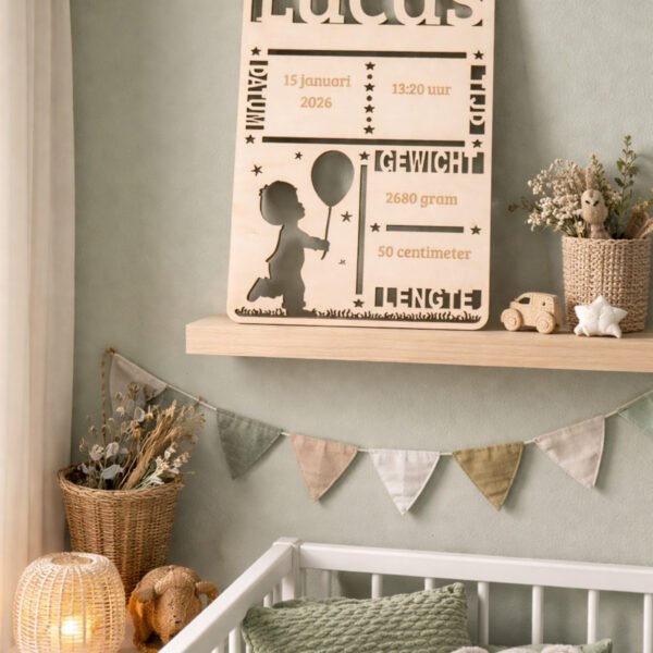 Gepersonaliseerd houten geboortebordje met naam en geboortegegevens voor babykamer