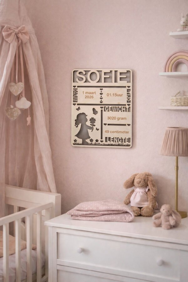 Gepersonaliseerd houten geboortebordje met naam en geboortegegevens voor babykamer