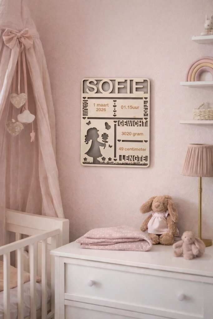 Gepersonaliseerd houten geboortebordje met naam en geboortegegevens voor babykamer