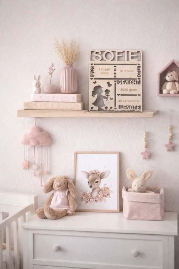 Gepersonaliseerd houten geboortebordje met naam en geboortegegevens voor babykamer