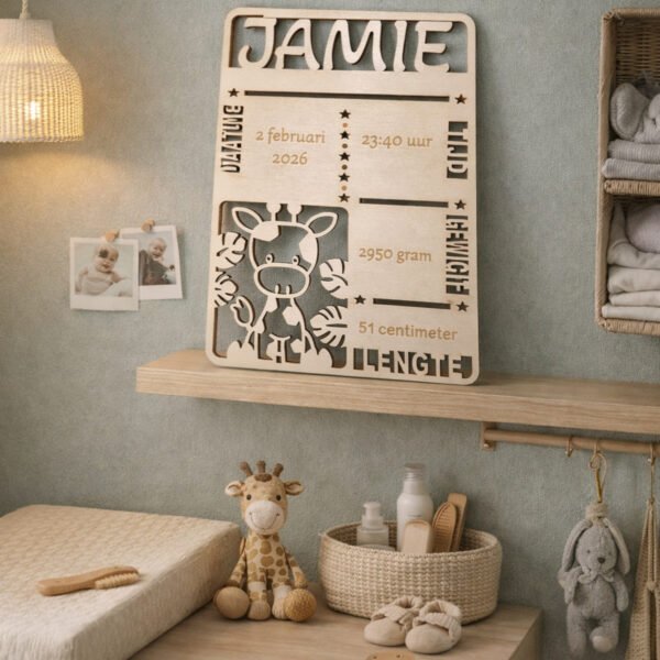 Gepersonaliseerd houten geboortebordje met naam en geboortegegevens voor babykamer
