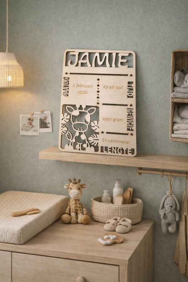 Houten geboortebordje met naam – kraamcadeau Gepersonaliseerd houten geboortebordje met naam en geboortegegevens voor babykamer