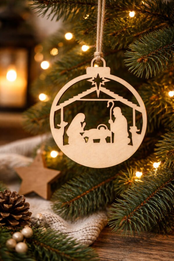 houten kerstbal kerststal natuurlijke kerstversiering duurzame kerstdecoratie kerstboom