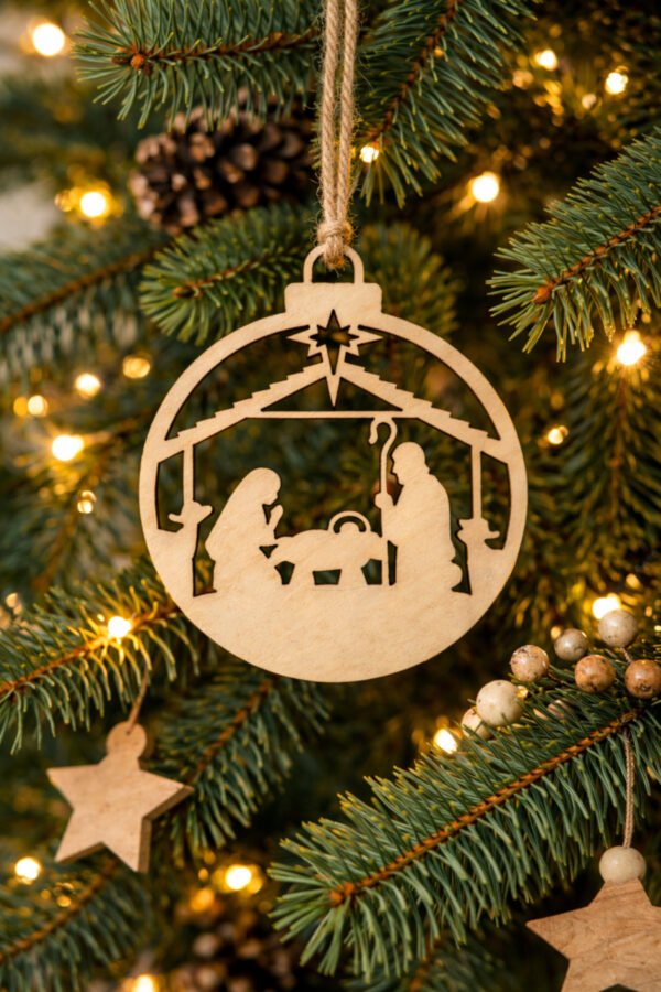houten kerstornament kerststal van hout in kerstboom duurzame kerstdecoratie populierenhout