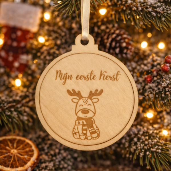 Gepersonaliseerde houten kersthanger mijn eerste kerst baby met rendier in kerstboom