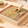 Houten sensory speelbak gevuld met gemengde gekleurde speelrijst op een houten tafel