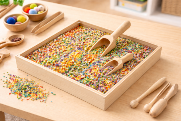 Houten sensory speelbak gevuld met gemengde gekleurde speelrijst op een houten tafel