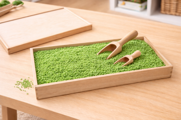 Rechthoekige houten speelbak gevuld met groene speelrijst op een tafel met losse deksel ernaast