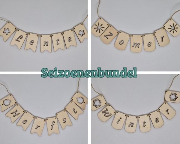 Handgemaakte houten vlaggenlijn met alle 4 de seizoen voor een seizoenstafel, gemaakt van populieren multiplex