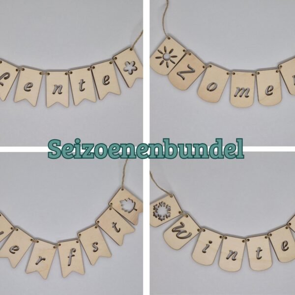Handgemaakte houten vlaggenlijn met alle 4 de seizoen voor een seizoenstafel, gemaakt van populieren multiplex