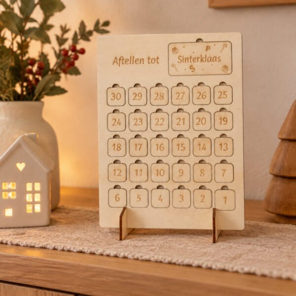Verwisselbare bordjes voor houten aftelkalender met Sinterklaas, kerst, verjaardag en vakantie