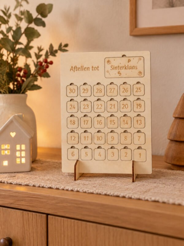 Verwisselbare bordjes voor houten aftelkalender met Sinterklaas, kerst, verjaardag en vakantie